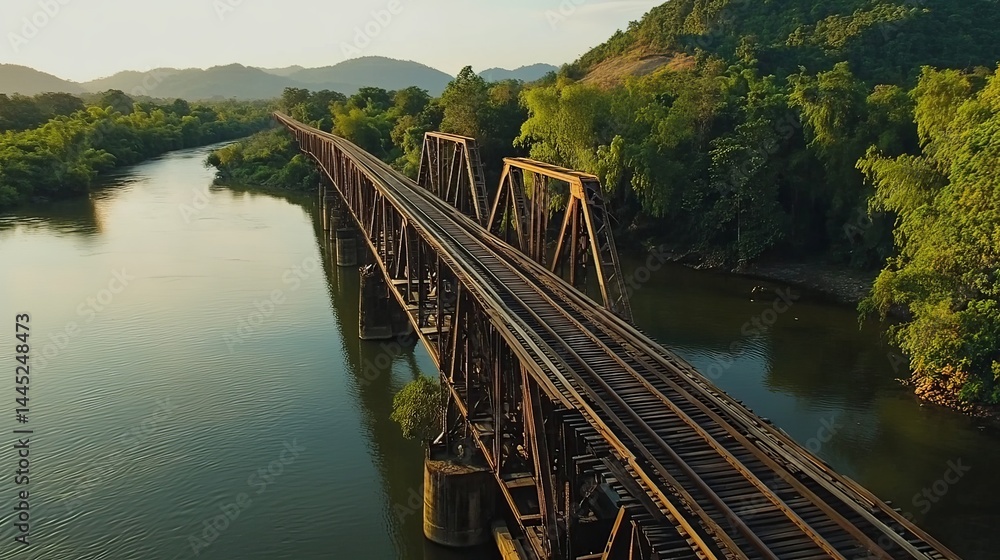 Fototapeta premium Historic train bridge over serene river rural setting aerial view nature photography tranquil environment