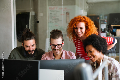 Obraz na płótnie Software engineers working on project and programming in company. Startup business teamwork concept w salonie