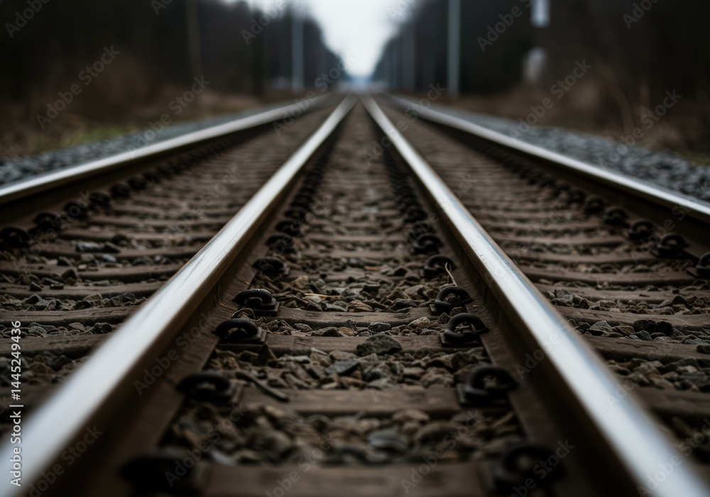 Perspective view looking down endless and vanishing railway tracks stretching into the distance, symbolizing journey, passage time, and transportation