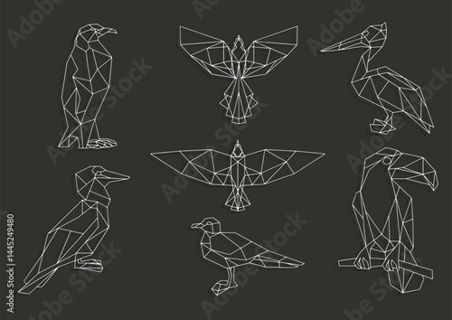 Bird triangular icon set. Penguin, toucan, seagull, pelican. Bird triangular icon set, geometric trendy line design. Vector illustration for tattoo or coloring book.