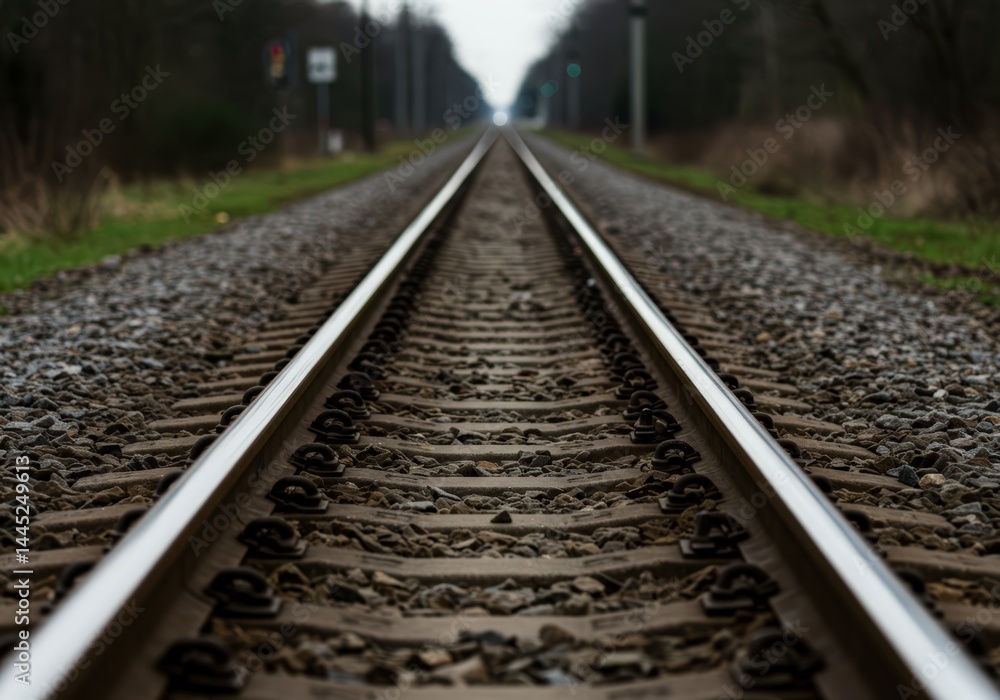 Train track perspective leading to a distant light on overcast day for travel and adventure concept background