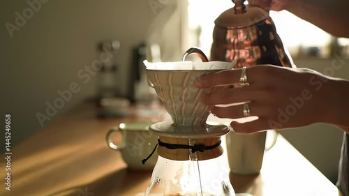 Close-Up of Hands Making Pour-Over Coffee at Home – Calm Morning Routine in Cozy Kitchen