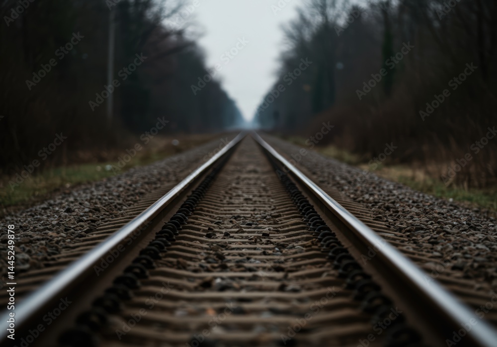Train track perspective leading into the distance, surrounded by trees and gravel. Concept of journey and adventure for travel or transportation design.
