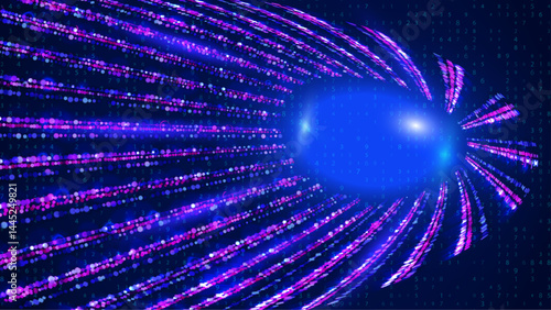 Blue Tech Dots Abstract Background. Bg For Ai And Big Data Concept With Lines, Numbers And Light. A Modern 3D Graphic Showcases Quantum Energy And Cyber Design Elements. Vector Blue Tech Dots