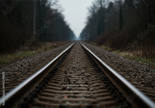 Obraz na płótnie Train track perspective leading into the distance, surrounded by trees and gravel. Concept of journey and adventure for travel or transportation design. w salonie