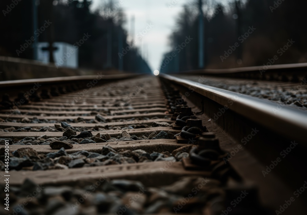 Close up view of the metal railway track and stones. Concept of journey and adventure, travel destination. For website background.