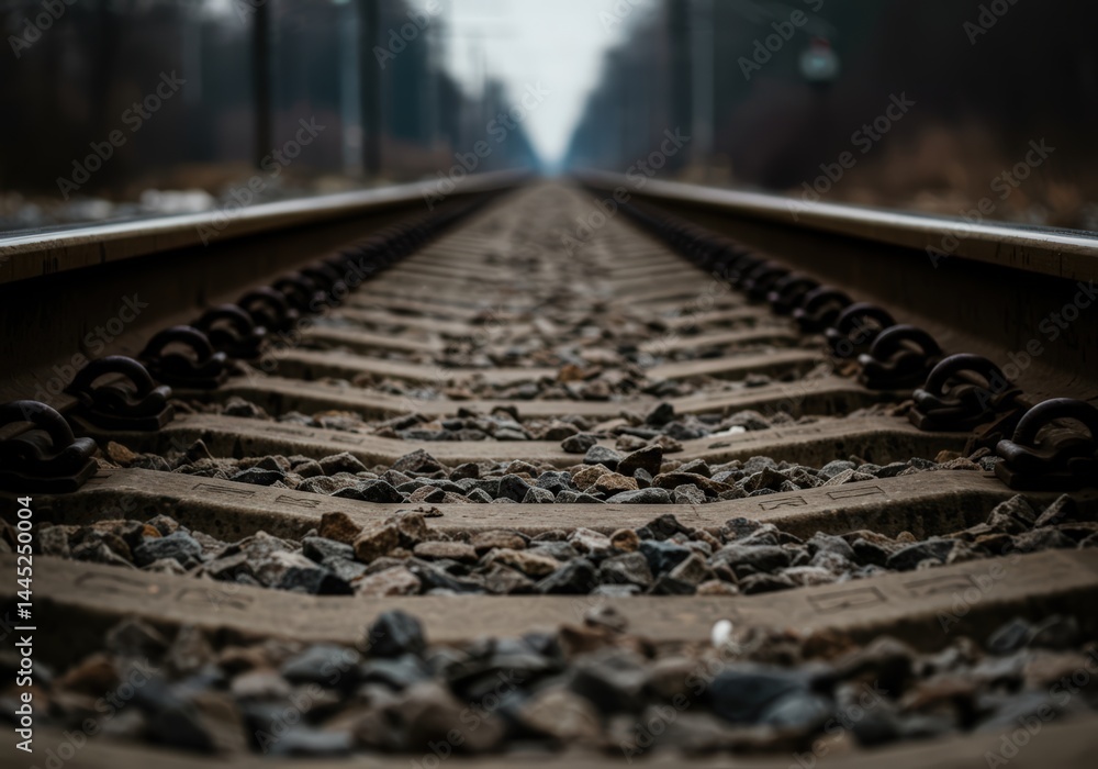 Railroad track stretching into the distance, a journey concept reflecting travel and adventure possibilities along the railway line, suggesting exploration for design projects.