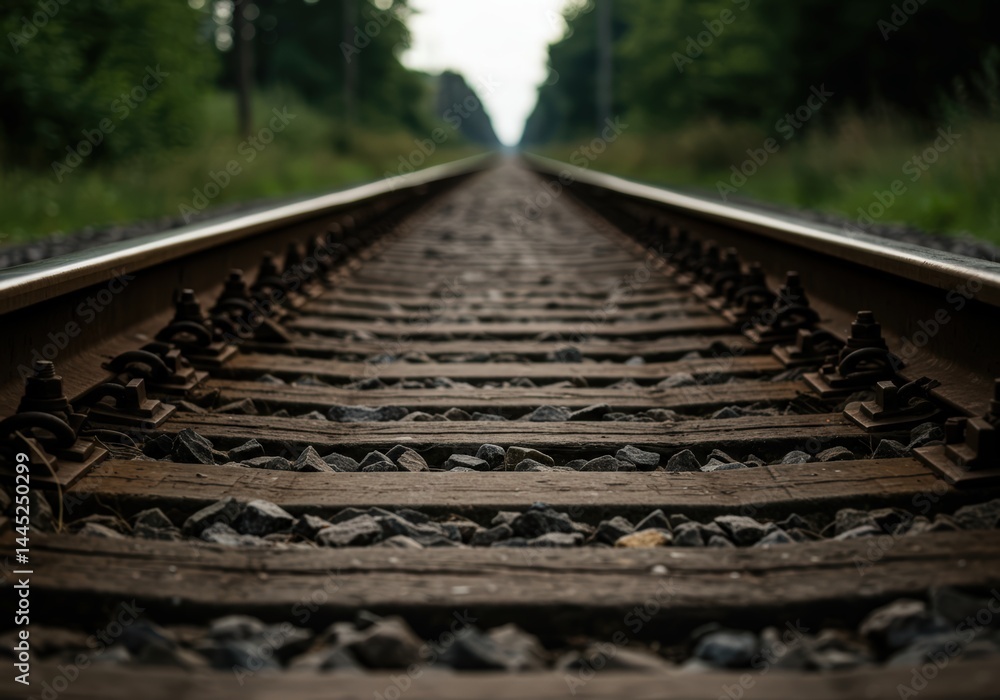 Close up of abandoned railroad track with gravel and wooden ties leading into the distance through the forest a vision of travel adventure.