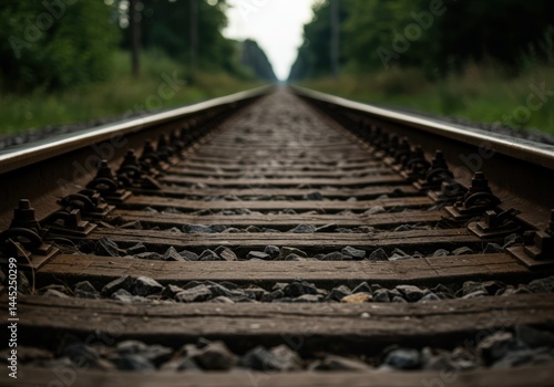 Obraz na płótnie Close up of abandoned railroad track with gravel and wooden ties leading into the distance through the forest a vision of travel adventure. w salonie