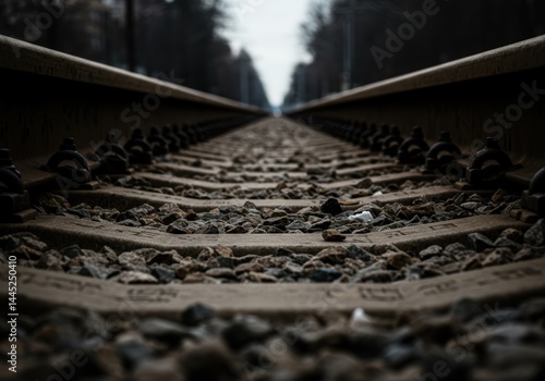 Obraz na płótnie Close up view of railway track with gravel and sleepers extending into the distance. Transportation concept for travel and adventure journey. w salonie