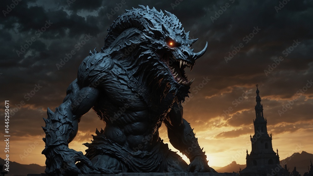 Fototapeta premium A statue of Phrykas, the shadow devourer, with a massive maw of darkness unfolding behind him, seemingly ready to consume all light