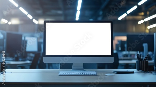 Modern Office Workspace with Blank Computer Screen: Mockup for Website or Software Presentation