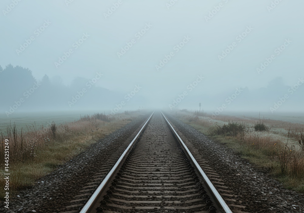 Empty railroad track disappearing into thick fog in a countryside landscape. Travel or adventure concept for background or design element.