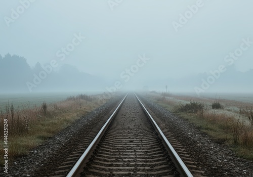 Obraz na płótnie Empty railroad track disappearing into thick fog in a countryside landscape. Travel or adventure concept for background or design element. w salonie