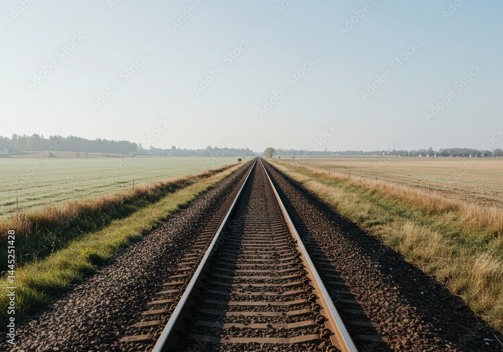 Railway track extends straight line through rural landscape. concept of transportation, journey and adventure for travel industry and brochure.