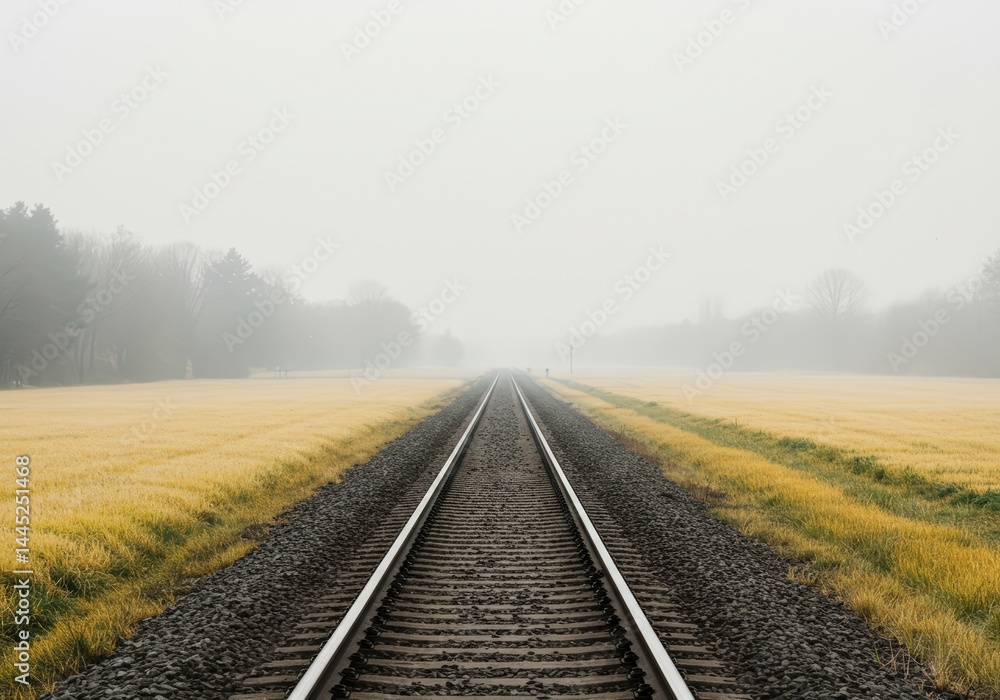 Endless railroad track disappearing into foggy distance through a field for concept of journey, unknown future, adventure and the passage of time