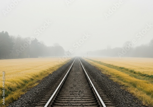 Obraz na płótnie Endless railroad track disappearing into foggy distance through a field for concept of journey, unknown future, adventure and the passage of time w salonie