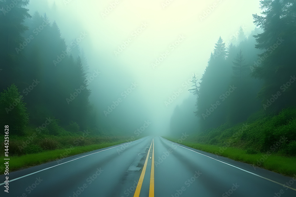 Naklejka premium Misty road journey enchanted forest landscape photography serene environment perspective of tranquility