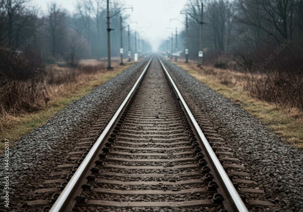 Straight railroad tracks disappear into a misty forest landscape on a gloomy day, symbolizing travel, adventure, and an open pathway forward.