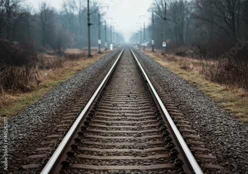 Obraz na płótnie Straight railroad tracks disappear into a misty forest landscape on a gloomy day, symbolizing travel, adventure, and an open pathway forward. w salonie