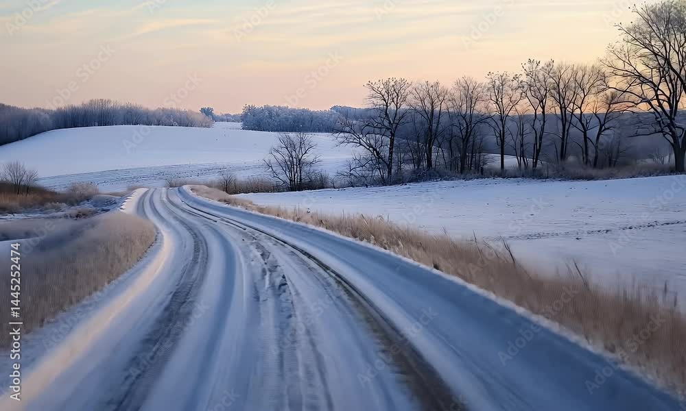 Snowy Road Leads Through a Frost Covered Countryside on a Winter Day with Trees and Fields Under a Light Sky Snowy Road Leads Through a Frost Covered Countryside on a Winter Day with Trees and Fields Under a Light Sky