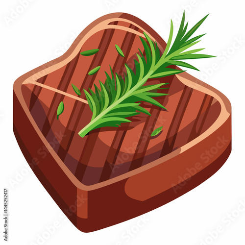 Steak garnished with rosemary and herbs, set against a dark background.