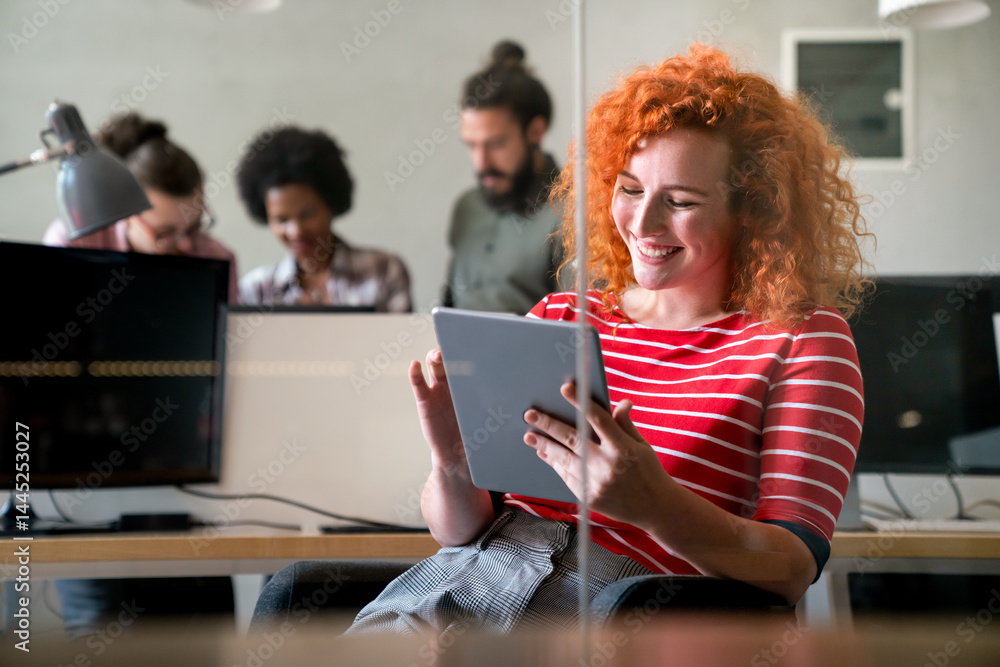 Software, coding and business woman on tablet thinking of data analytics, digital technology.