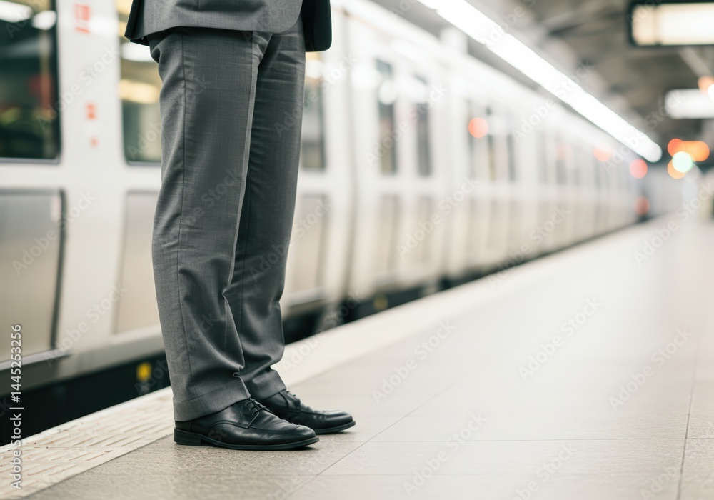 Man waiting on a subway platform for commuter train. Business travel or daily commute concept. Transportation and urban lifestyle.