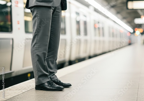 Obraz na płótnie Man waiting on a subway platform for commuter train. Business travel or daily commute concept. Transportation and urban lifestyle. w salonie