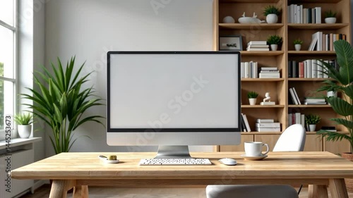 Wallpaper Mural Computer on wooden desk with coffee cup, keyboard, and mouse in cozy home office with bookshelf and plants, sunlight from window Torontodigital.ca