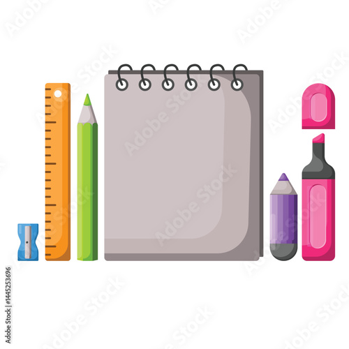 A set of vector illustrations consisting of a ruler, a wooden pencil, a notebook, a marker and a pencil sharpener. Elements of tools for the artist.