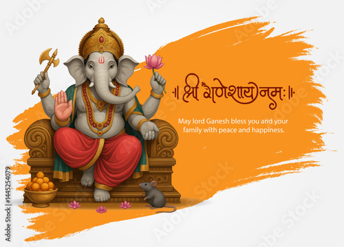 Lord Ganesh Sitting on Throne with Orange Brush Background and Sanskrit Mantra