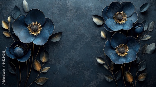 Dark blue paper flowers, gold accents on textured dark background
