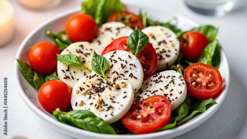 Fresh Mozzarella Salad with Tomatoes and Basil on White Table Fresh Mozzarella Salad with Tomatoes and Basil on White Table
