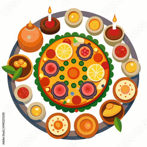 A pizza on a round table, accompanied by a candle and a knife, creating a cozy dining atmosphere.