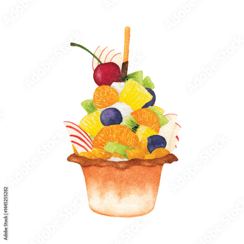 Watercolor illustration of a colorful fruit parfait with cherry, orange, kiwi, pineapple, blueberry, apple, and whipped cream. Perfect for dessert menus, packaging, bakery labels, and café banners.