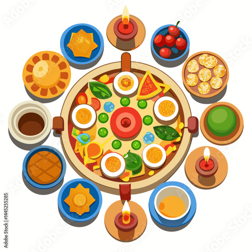 A pizza on a round table, accompanied by a candle and a knife, creating a cozy dining atmosphere.