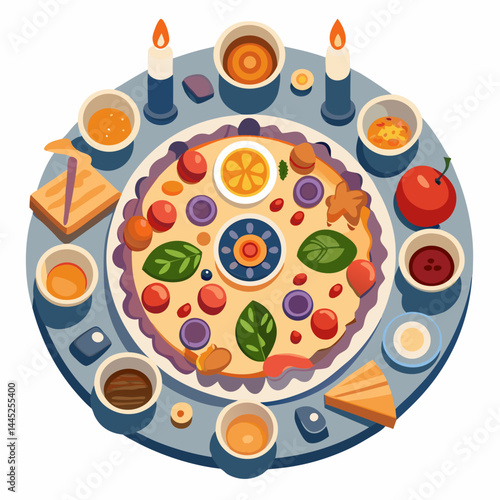 A pizza on a round table, accompanied by a candle and a knife, creating a cozy dining atmosphere.