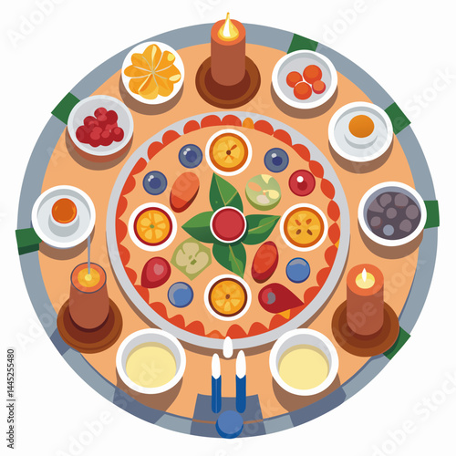 A pizza on a round table, accompanied by a candle and a knife, creating a cozy dining atmosphere.