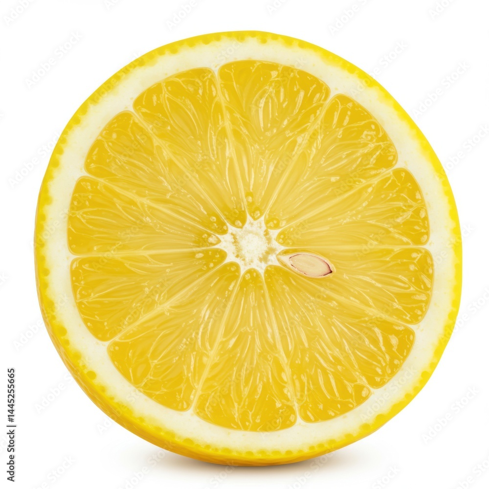 A single lemon slice showing the juicy interior and a seed on a white isolated background image view A single lemon slice showing the juicy interior and a seed on a white isolated background image view