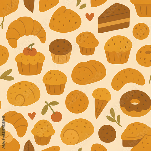 Title: Seamless Hand-Drawn Bakery Pattern with Breads, Pastries, and Baking Tools – Perfect for Wrapping Paper and Packaging Design