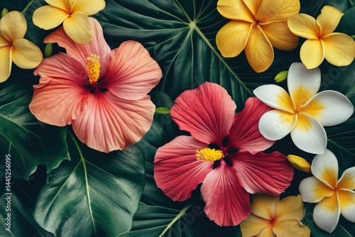 Wallpaper Mural A vibrant arrangement of tropical flowers featuring pink and red hibiscus alongside yellow and white plumeria, set against lush green leaves, creating a serene and colorful floral backdrop Torontodigital.ca