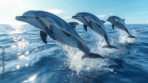 A group of dolphins leaping in unison under a clear blue firmament at noon