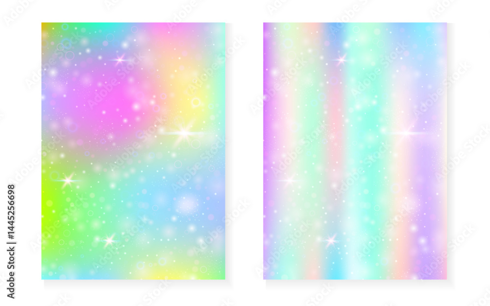 Magic background with princess rainbow gradient. Kawaii unicorn hologram. Holographic fairy set. Spectrum fantasy cover. Magic background with sparkles and stars for cute girl party invitation. Magic background with princess rainbow gradient. Kawaii unicorn hologram. Holographic fairy set. Spectrum fantasy cover. Magic background with sparkles and stars for cute girl party invitation.