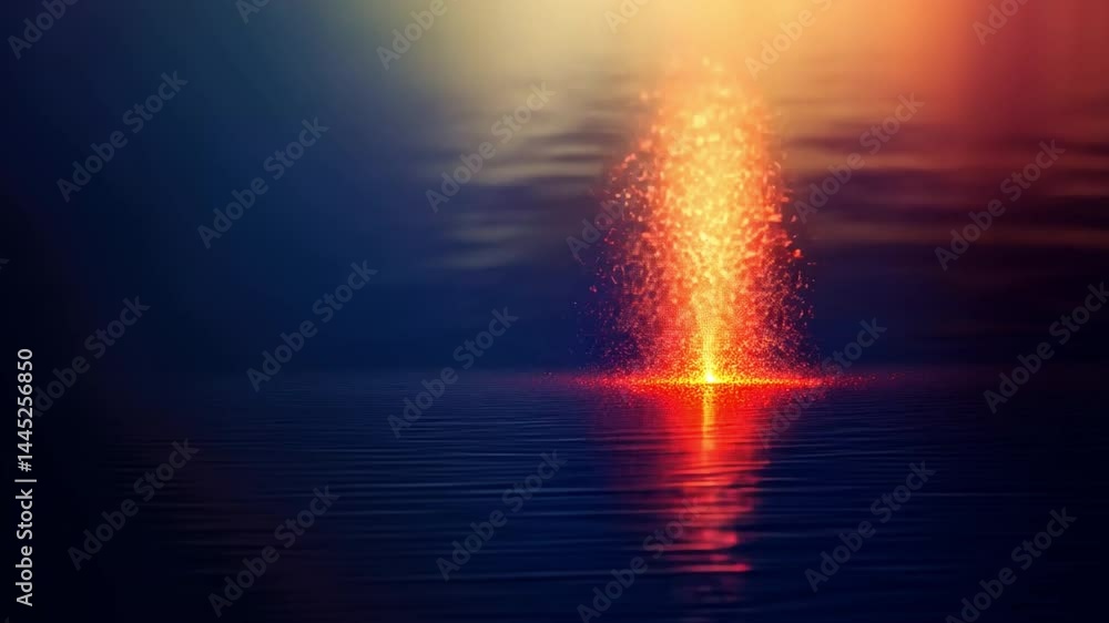 Mesmerizing Reflection of Vibrant Orange and Red Sparks on Calm Water Surface, Creating Tranquil Glow of Light and Color, Evoking Wonder and Serenity.