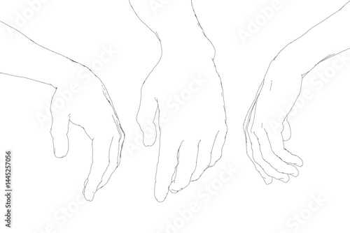 Three hands are drawn in black on a white background. The hands are positioned in different ways, with one hand reaching out, another hand reaching up, and the third hand reaching down