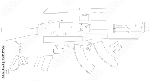 A gun is shown in black and white. The gun is a rifle and is shown in a cross - hatching style. The gun is shown in a very detailed manner, with the barrel