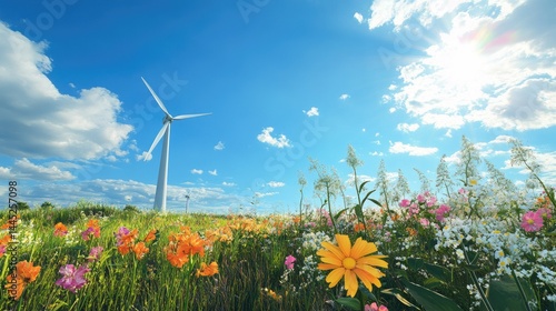 A vibrant field of colorful wildflowers under a bright blue sky with fluffy clouds, featuring a tall wind turbine in the background, symbolizing renewable energy and nature's beauty