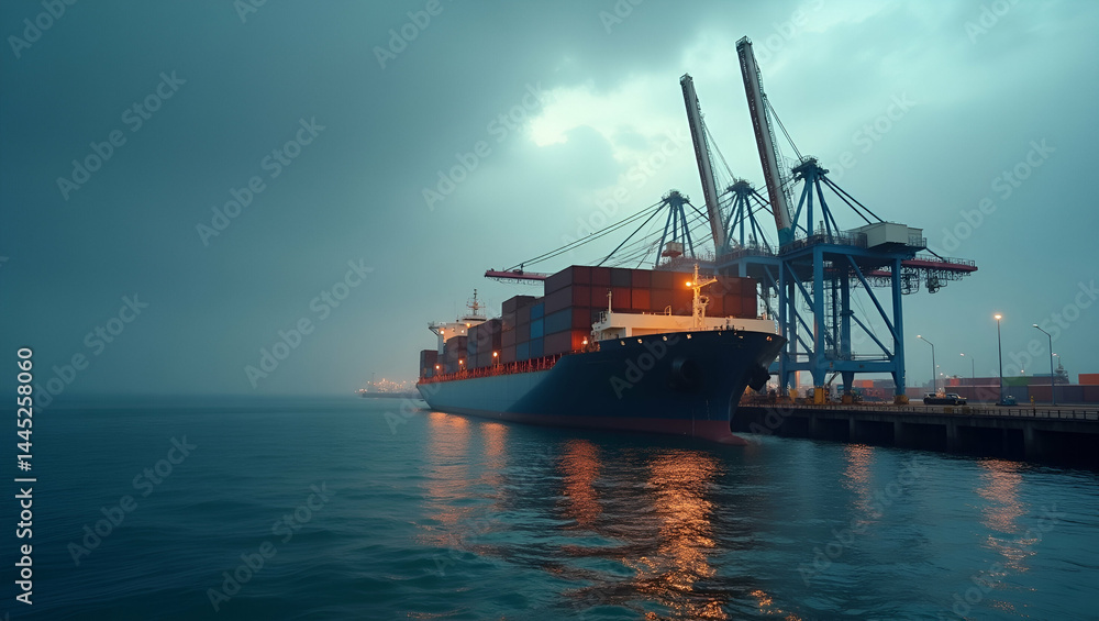 Dramatic Cargo Ship Under Sanction Warnings and Tariff Alerts: Bold 'Sanctions and Tariffs' Caption Over Maritime Port Scene with Empty Space for Text Dramatic Cargo Ship Under Sanction Warnings and Tariff Alerts: Bold 'Sanctions and Tariffs' Caption Over Maritime Port Scene with Empty Space for Text