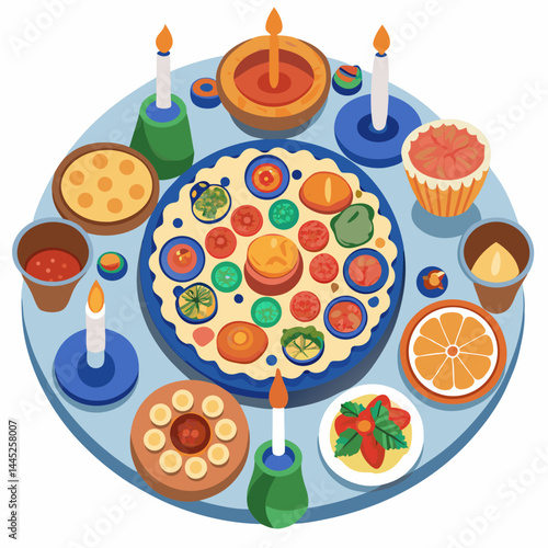A pizza on a round table, accompanied by a candle and a knife, creating a cozy dining atmosphere.